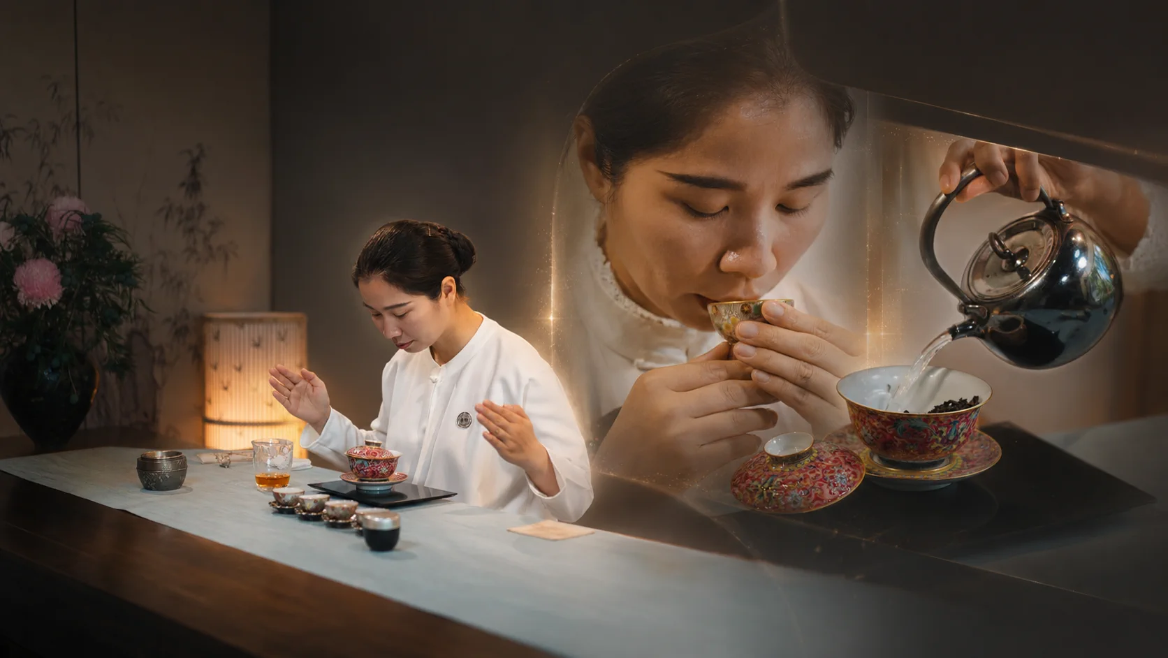 Jiang Daixia speaking, tasting tea, and pouring water in a tea room